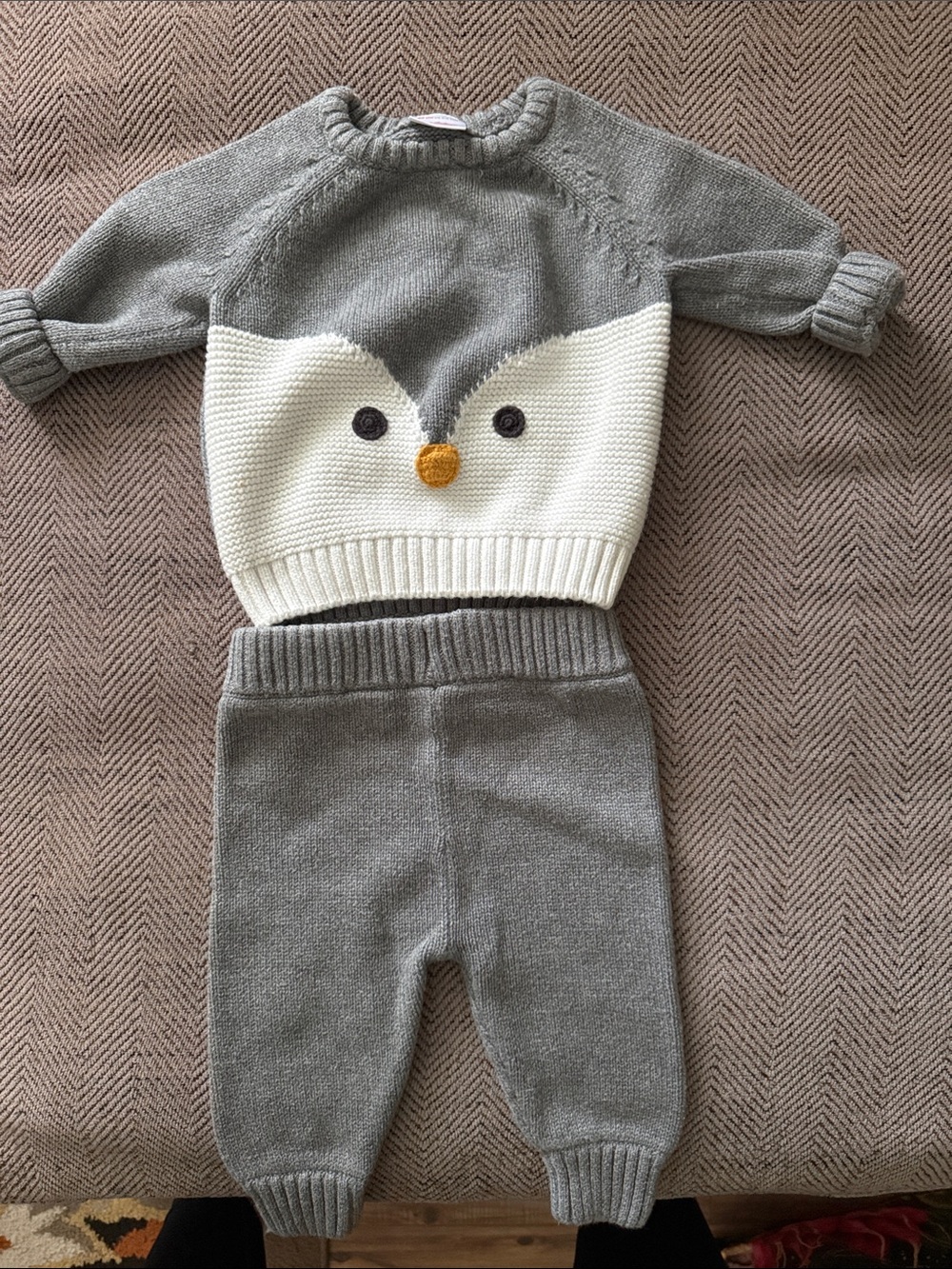 Hanna Andersson Gray and Cream Knit Penguin Sweater Set